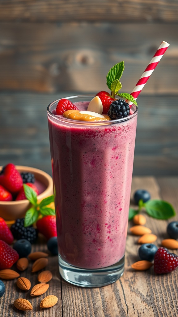 A berry almond smoothie in a glass topped with berries and almond butter, set on a wooden table.